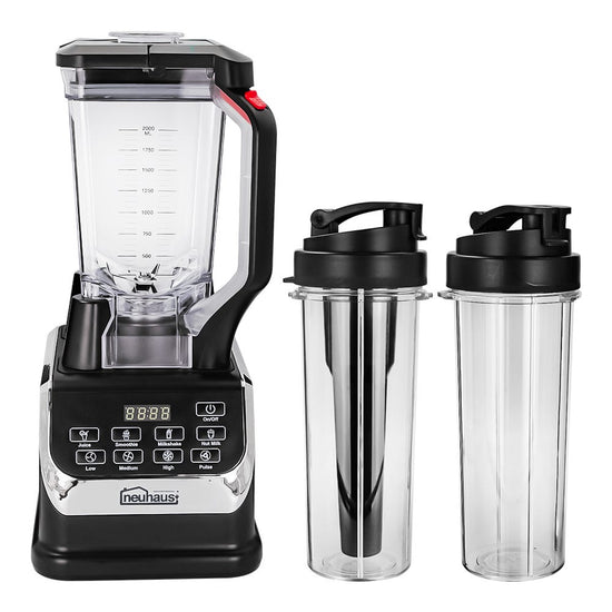 Licuadora digital con vaso de Tritán y 2 vasos para batido negra Hurrikane Neuhaus