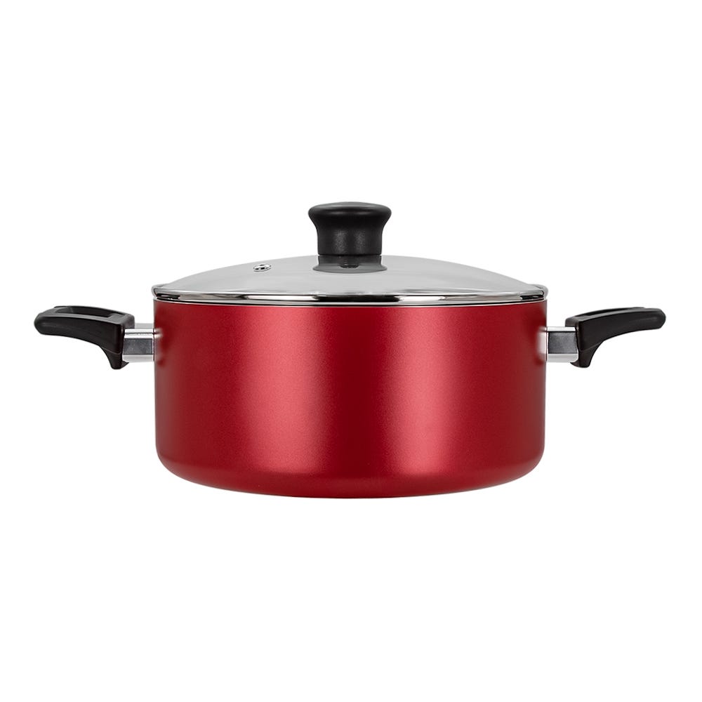 Batería de aluminio 25 piezas roja Family Cook T-fal – olla con tapa de vidrio y asas, vista frontal