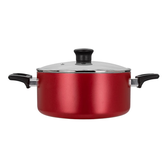 Batería de aluminio 25 piezas roja Family Cook T-fal – olla con tapa de vidrio y asas, vista frontal