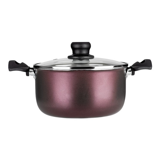 Batería de aluminio 12 piezas Expert Chef morada – olla con tapa de vidrio, vista frontal