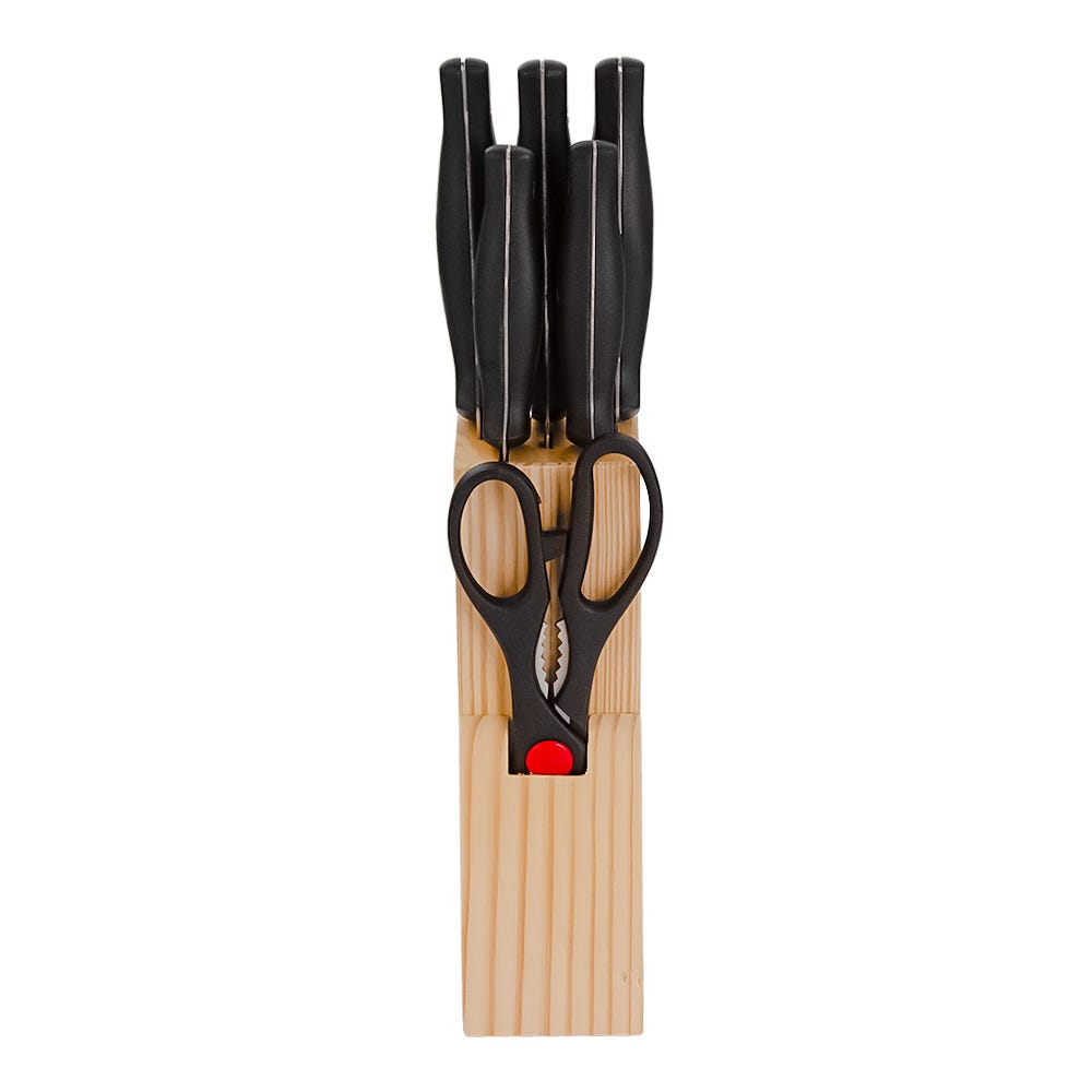 Juego de cuchillos con tijera y base de madera 050-001-008 Travessa