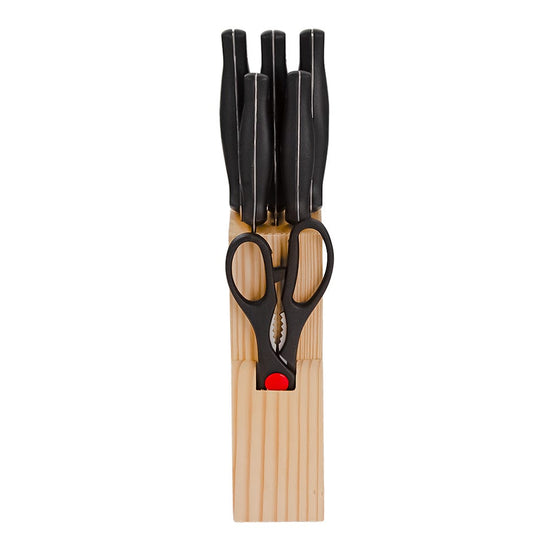 Juego de cuchillos con tijera y base de madera 050-001-008 Travessa