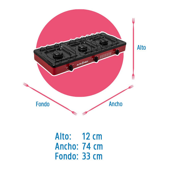 Parrilla de gas 3 quemadores cubierta esmaltada rojo 611-5 Alfa – vista 4