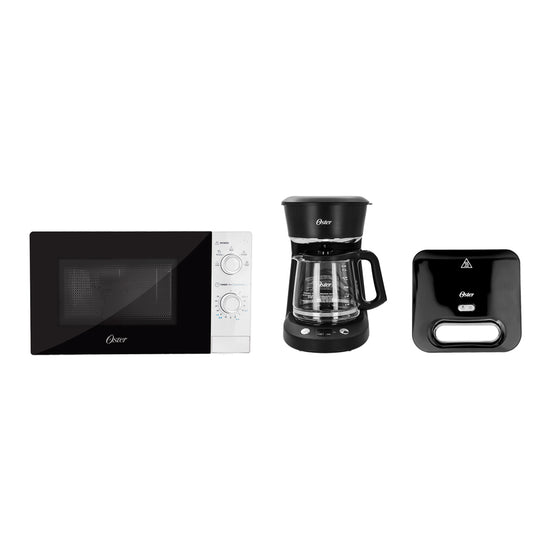 Pack Desayunos perfectos, sin prisas: Horno de microondas Oster + Sandwichera maker compacta Oster + Cafetera programable Oster